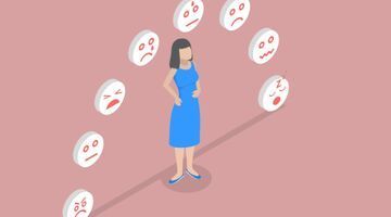 Illustratie (kleur) persoon met daarboven emoji's met verschillende emoties