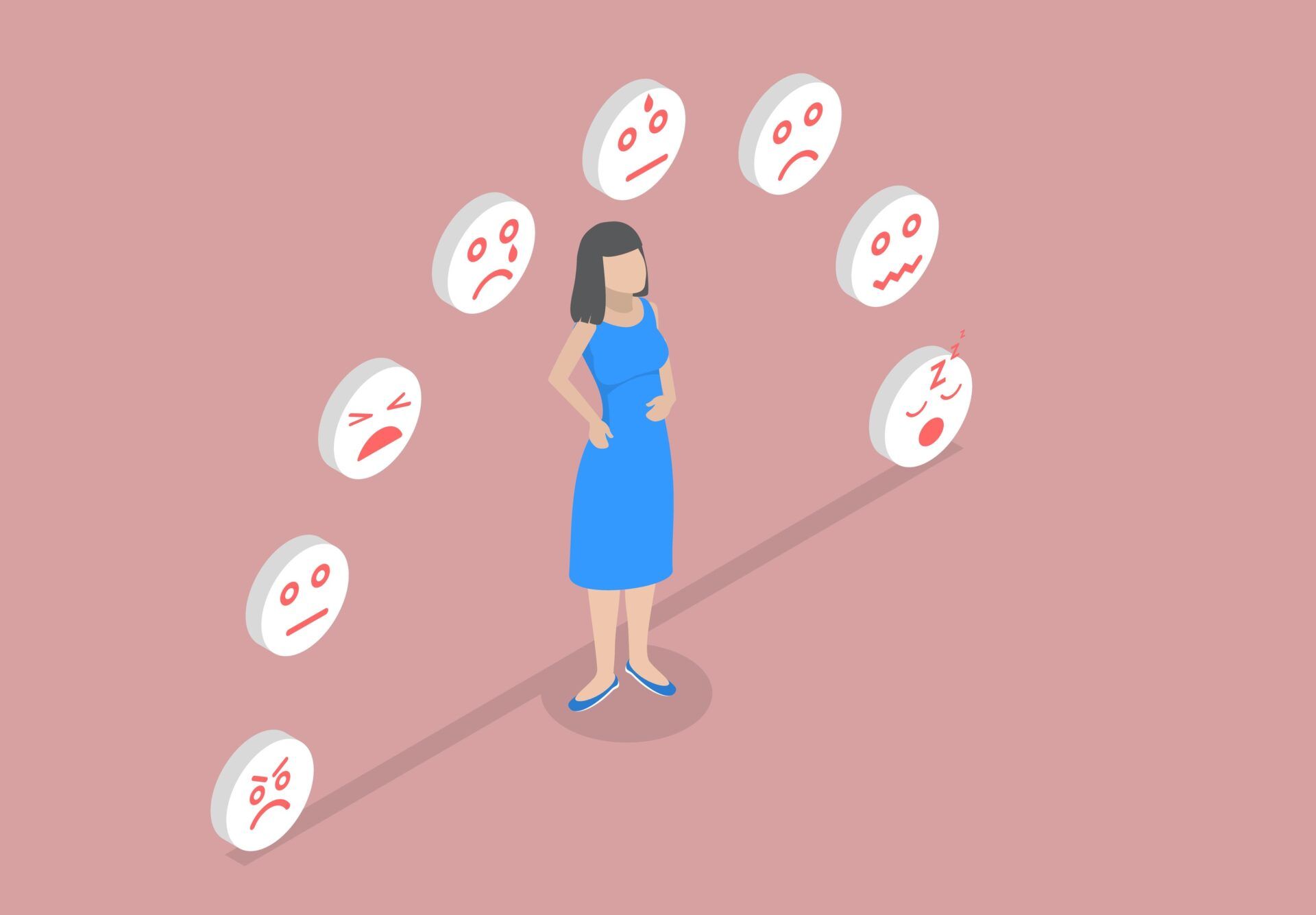 Illustratie (kleur) persoon met daarboven emoji's met verschillende emoties